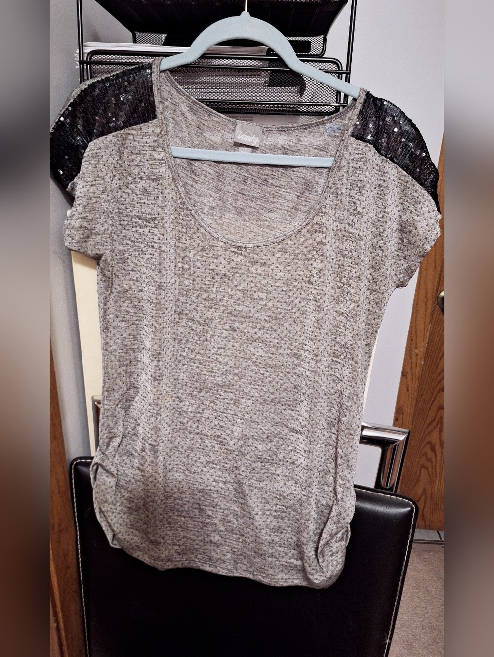 Casual Gray Sequin Shoulder Tee - Women's Top